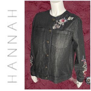 BEAUTIFUL floral embroidered denim jean jacket black by Hannah size Medium